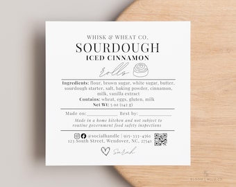 Sauerteig-Zimtrollen-Etiketten, Cottage Law Label Sauerteig-Zimtrollen, Zimtrollen-Etiketten mit Zutaten, Sauerteig-Etikettenvorlage