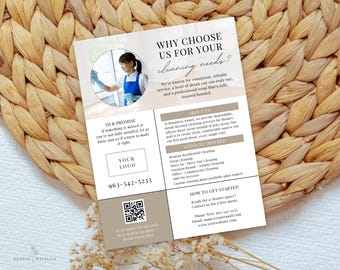 Carta de Apresentação para Empresa de Limpeza, Modelo "Sobre Mim" para Faxineira, Flyer Comercial Editável no Canva com Código QR
