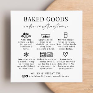 Cartão de cuidados para produtos assados, cartões de cuidados para doces de padaria caseira, instruções de cuidados para sobremesas, massas e pães, encarte de conselhos para negócios de padaria