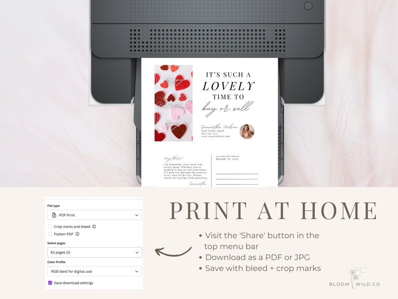 May include: A printable Valentine's Day postcard with a pink and red heart design. The text reads "It's such a lovely time to buy or sell".