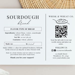 Sauerteigbrot Etikett Cottage Law mit QR-Code, Cottage Law Bäckerei Aufkleber, Sauerteigbrot Pflegetipps, Sauerteigzutaten Etikettvorlage