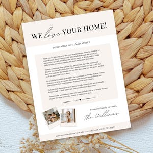 May include: A white letter template titled WE LOVE YOUR HOME! addressed to the family at 124 Main Street. The document includes a heartfelt message, two small square photographs, a signature from The Williams, and contact information at the bottom.