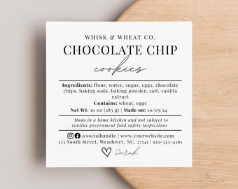 Cottage Food Label Cookies, Cookies Ingredients Labels, Home Bakery Label Canva, Custom Labels for Cookie Boxes, Cookie Label Round Template