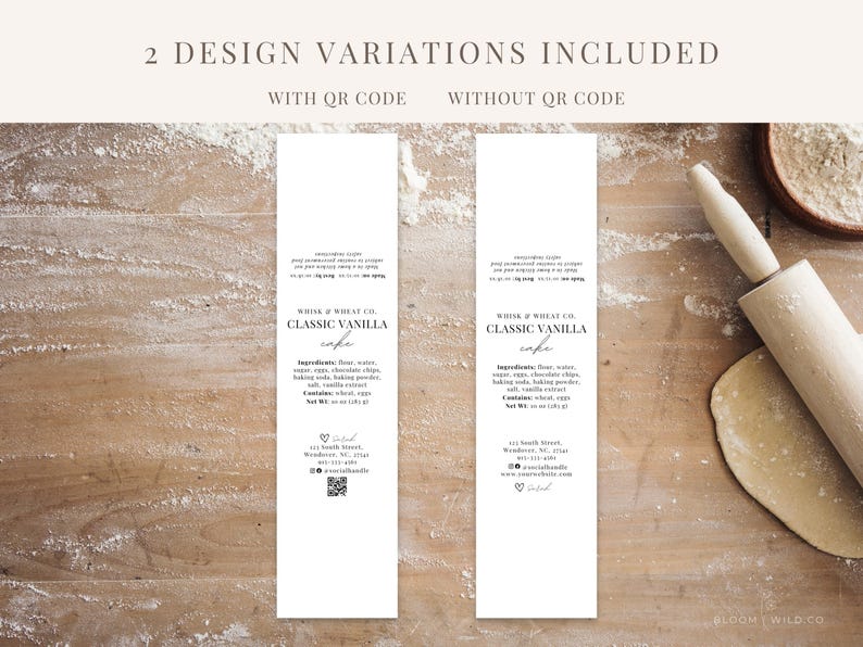 May include: Two white labels with black text for a classic vanilla cake. The label on the left includes a QR code. The text on the label reads "Whisk & Wheat Co. Classic Vanilla Cake" and includes ingredients, contains, and net weight. The label on the right does not include a QR code. The text on the label reads "Whisk & Wheat Co. Classic Vanilla Cake" and includes ingredients, contains, and net weight.