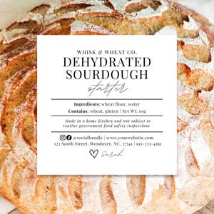 Etiqueta de masa madre deshidratada, etiquetas para pan de masa madre según Cottage Law, etiquetas para panadería según Cottage Law, plantilla de ingredientes para masa madre