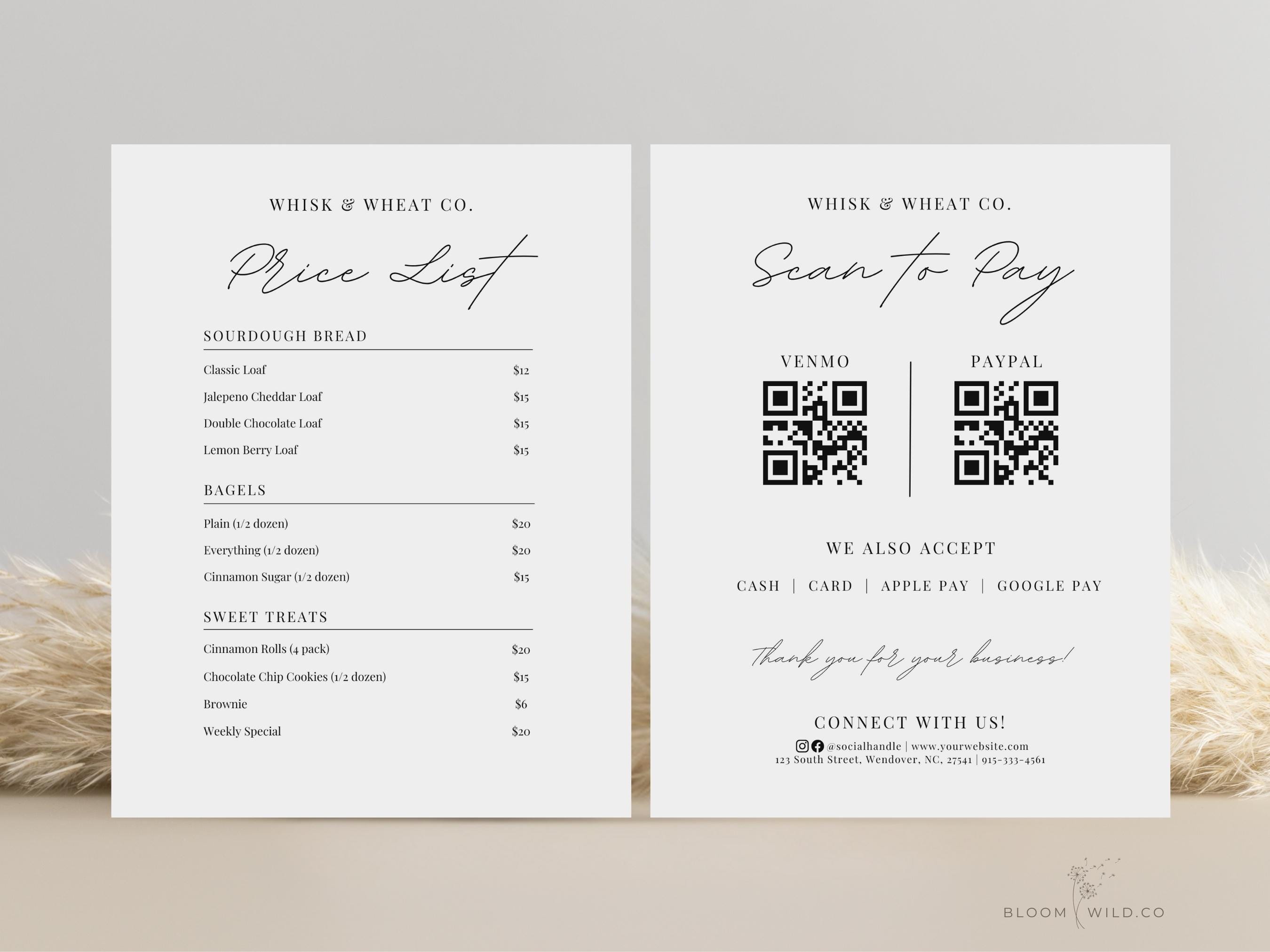 Sourdough Price List, Scan To Pay Bakery 2 QR, Bakery Menu Template Canva, Bakery Price List and Scan to Pay Bundle, Craft Show Scan To Pay