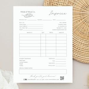 May include: A white invoice template with the text "Whisk & Wheat Co." and "Invoice" in a handwritten font. The form includes fields for billing information, product details, and payment methods. A QR code and social media handle are at the bottom.