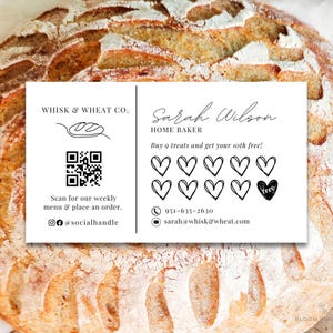 Modelo de cartão de visita e fidelidade de massa fermentada com código QR, cartões de visita para padaria em casa, cartões de fidelidade para padaria, cartão de padaria Cottage Law