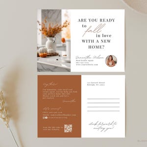 Plantilla de postal inmobiliaria de otoño, correos inmobiliarios de otoño, tarjetas agrícolas de otoño para agentes inmobiliarios, tarjetas postales de compra y venta para agentes inmobiliarios, código QR de Canva