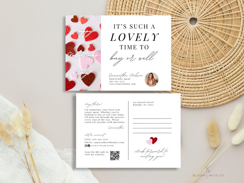 May include: A Valentine's Day themed real estate postcard with a photo of red and pink hearts on the front. The back of the postcard has a message from Samantha Wilson, a real estate agent, with her contact information and a QR code to visit her website. The text on the postcard reads "It's such a lovely time to buy or sell."