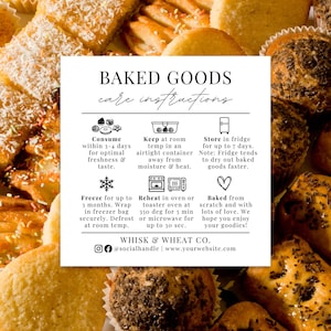 Cartão de cuidados com produtos assados, etiqueta com instruções de cuidados com confeitaria faça você mesmo, cuidados com sobremesas de padaria caseira, encarte de conselhos para negócios de padaria, cartão de cuidados com biscoitos e bolos