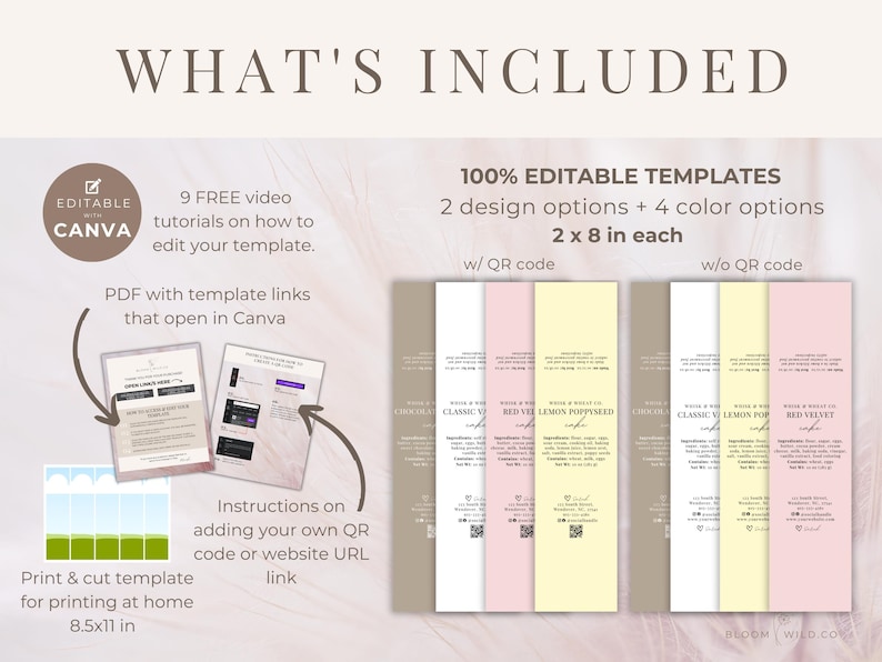 May include: Printable 8.5x11 inch template for creating labels with 2 design options and 4 color options. The template includes a QR code option and is editable in Canva. The image shows a preview of the labels with the text "Lemon Poppyseed", "Classic Vanilla", and "Red Velvet".