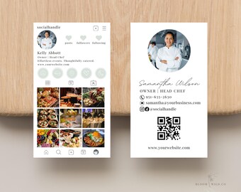 Cartões de visita para serviços de catering, Cartão de visita para Instagram de catering, Código QR para chef particular, Identidade visual para marketing de serviços de alimentação, Modelo do Canva, Colúmbia Britânica