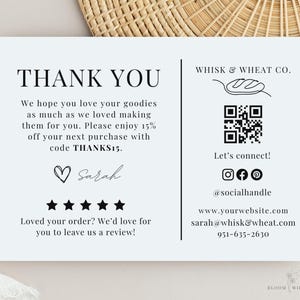 Tarjeta de agradecimiento de panadería de masa madre, nota de agradecimiento para micropanadería, marca de panadería casera, agradecimiento al cliente de la empresa alimentaria Cottage Law