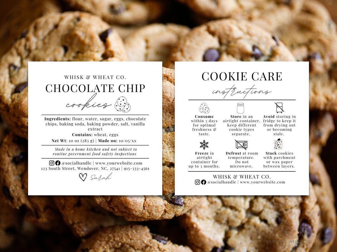 Cookies Ingredients Label and Cookie Care Instruction Card, Cottage Law ...