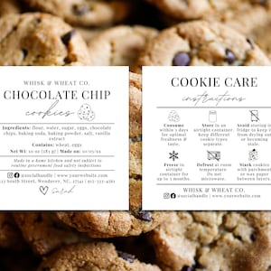 Cookies Ingredients Label and Cookie Care Instruction Card, Cottage Law Bakery Labels, Cottage Food Label Cookies, Home Bakery Label Canva