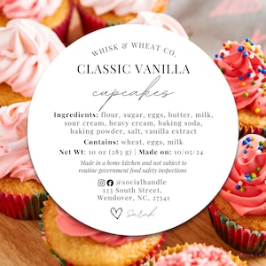 Modello di etichetta alimentare Cottage Law, etichetta per ingredienti di prodotti da forno fatti in casa, adesivo circolare Cottage Law, etichetta modificabile per prodotti da forno, confezione per cupcake