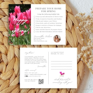 Lista de verificación de mantenimiento del hogar para agentes inmobiliarios en primavera, postal de marketing para agentes inmobiliarios, postales de agricultura inmobiliaria para primavera, correo de primavera para agentes en Canva