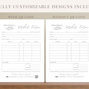 Pu&ograve; includere: Due moduli d'ordine stampabili per una panetteria o un'azienda alimentare. I moduli sono progettati con un'estetica semplice e moderna e includono campi per le informazioni del cliente, i dettagli dell'ordine e le informazioni di pagamento. Un modulo include un codice QR, mentre l'altro no.