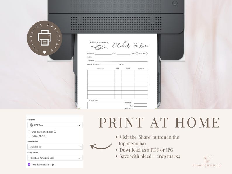 Pu&ograve; includere: Un modulo d'ordine stampabile per una panetteria chiamata "Whisk of Wheat Co.". Il modulo contiene campi per le informazioni del cliente, i dettagli dell'ordine e un importo totale. Il modulo &egrave; progettato per essere stampato a casa.