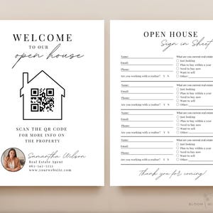 Hoja de registro de puertas abiertas con código QR, Letrero de bienvenida a nuestra jornada de puertas abiertas, Formulario de registro de corredores para la jornada de puertas abiertas, Folleto informativo de la jornada de puertas abiertas inmobiliaria