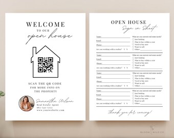 Pode incluir: Um cartaz de casa aberta em preto e branco com um código QR, um ícone de casa e o texto "Bem-vindo à nossa casa aberta". O cartaz também inclui o texto "Digitalize o código QR para obter mais informações sobre a propriedade" e as informações de contato de Samantha Wilson, agente imobiliário. O cartaz também inclui o texto "Obrigado por vir!" e uma folha de registro com perguntas sobre as necessidades imobiliárias.