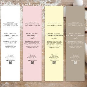 May include: Four different cake labels with a white background and black text. The labels are for Classic Vanilla, Red Velvet, Lemon Poppyseed, and Chocolate Marble cakes. Each label includes the ingredients, net weight, and contact information for Whisk & Wheat Co.