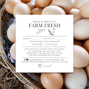 Instrucciones para el cuidado de huevos frescos de granja, Etiqueta digital para cartón de huevos, Manipulación de huevos imprimible, Seguridad alimentaria en granjas, Puesto de huevos de granja en carretera