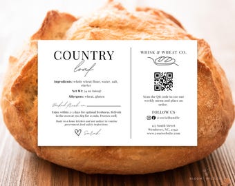 Etiqueta para Pão Caseiro com Código QR, Etiquetas para Padaria Caseira, Dicas de Cuidados com Pão de Fermentação Natural, Etiqueta de Ingredientes para Pão de Fermentação Natural