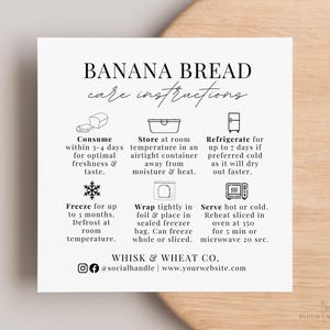 Carte d'entretien pour le pain aux bananes, guide d'entretien pour les desserts de boulangerie, étiquette d'instructions d'entretien de la pâtisserie, modèle sur toile de conseils d'entretien de boulangerie