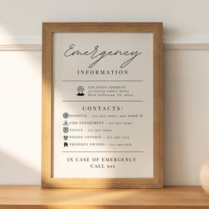 May include: A framed printable with a white background and black text. The text reads "Emergency Information" and includes a location address and contact information for a hospital, fire department, police, poison control, and property owners. The text also includes "In case of emergency call 911".