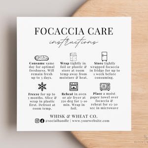 Onderhoudskaart zuurdesem focaccia, sjabloon onderhoudsinstructies focaccia, Canva-sjabloon onderhoudskaart gebakken goederen, aangepaste verzorgingstips cottage-voedsel