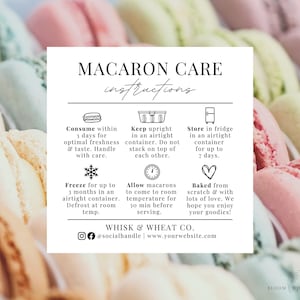 Scheda di cura per macaron, schede di cura per dolci da forno fatti in casa, scheda di cura per prodotti da forno, istruzioni per la cura della pasta biscotto fai da te per i clienti