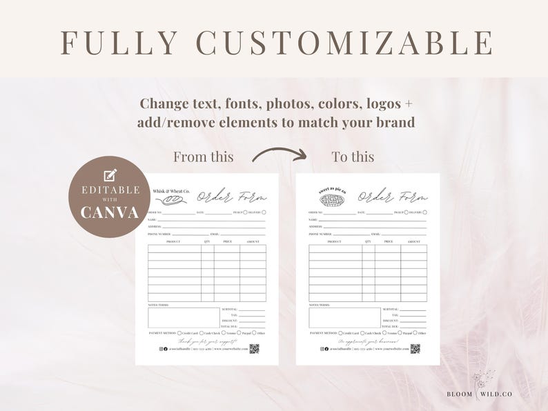 Pu&ograve; includere: Un modello di modulo d'ordine personalizzabile con un design in bianco e nero. Il modello presenta un logo, del testo e una tabella con colonne per il prodotto, la quantit&agrave;, il prezzo e il totale. Il testo sul modulo recita "Modulo d'ordine".