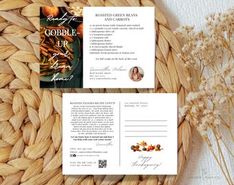 Cartão postal com receita de Ação de Graças para corretores imobiliários, agricultura imobiliária de novembro, mala direta de marketing de outono editável, agradecimento ao cliente