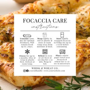 Modello di istruzioni per la cura della focaccia, scheda di istruzioni per la cura della focaccia con lievito madre, scheda di cura dei prodotti da forno, suggerimenti per la cura dei prodotti da forno artigianali personalizzati