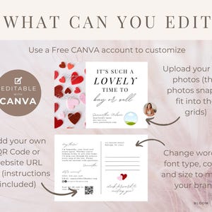 May include: Editable Canva template for real estate agents. The template features a red and pink heart design with the text "It's such a lovely time to buy or sell". The template also includes a space for a photo, a QR code, and a website URL.