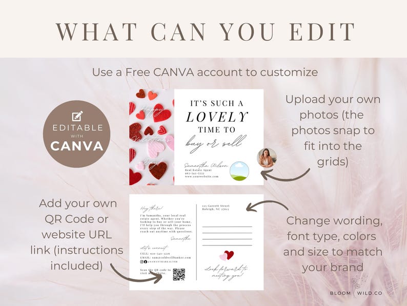 May include: Editable Canva template for real estate agents. The template features a red and pink heart design with the text "It's such a lovely time to buy or sell". The template also includes a space for a photo, a QR code, and a website URL.