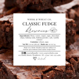 Modello di etichetta per brownie, etichetta Cottage Law Brownies, adesivi per brownie con ingredienti, modello di etichetta per panetteria casalinga, scheda per prodotti da forno Canva