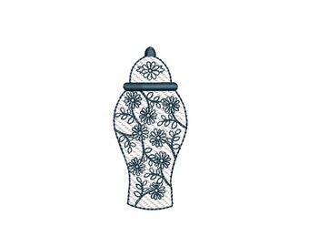 Chinoiserie Ginger Jar Sketch Machine Embroidery Design 3 Sizes  PES DST JEF++ Incl Digital Instant Download