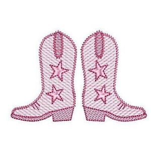 Może przedstawiać: Para różowych kowbojskich butów z białymi gwiazdami na każdym bucie.