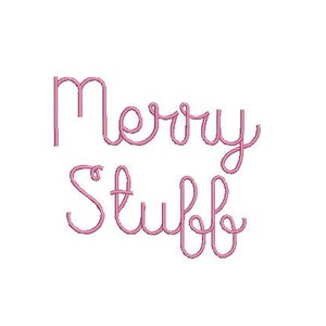 Peut inclure: Texte en cursive rose qui dit "Merry Stuff" sur un fond blanc.