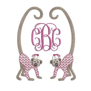 Chinoiserie Chic Double Long Tail Monkey Monogram Frame, Machine Embroidery Design, 5 Sizes, PES DST JEF Incl Digital Instant Download