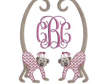 Chinoiserie Chic Double Long Tail Monkey Monogram Frame, Machine Embroidery Design, 5 Sizes, PES DST JEF Incl Digital Instant Download