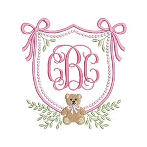 Teddy Bear Crest with Bows Ivy Greenery Monogram Frame, Machine Embroidery Design, 7 Sizes, PES DST+++ Incl Digital Instant Download