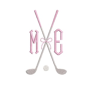 Könnte beinhalten: Gesticktes Design mit zwei gekreuzten Golfschlägern mit rosa Schäften, einem Golfball und den Buchstaben "M" und "E" in einer rosa, verzierten Schriftart. Zwischen den Schlägern befindet sich eine kleine rosa Schleife. Das Design befindet sich auf weißem Hintergrund.