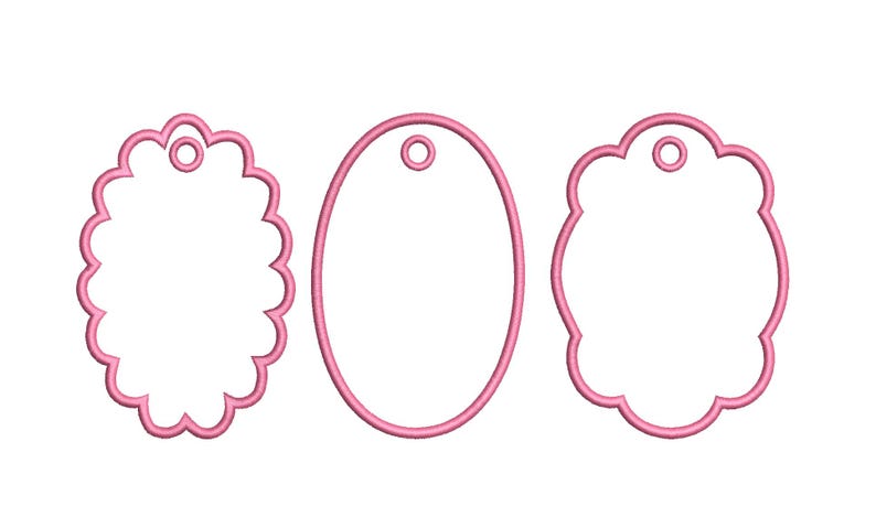 Pode incluir: Tr&ecirc;s contornos de etiquetas cor-de-rosa em diferentes formas: um oval ondulado, um oval simples e um ret&acirc;ngulo arredondado ondulado. Cada etiqueta tem um pequeno orif&iacute;cio na parte superior para pendurar. As etiquetas est&atilde;o sobre um fundo branco.
