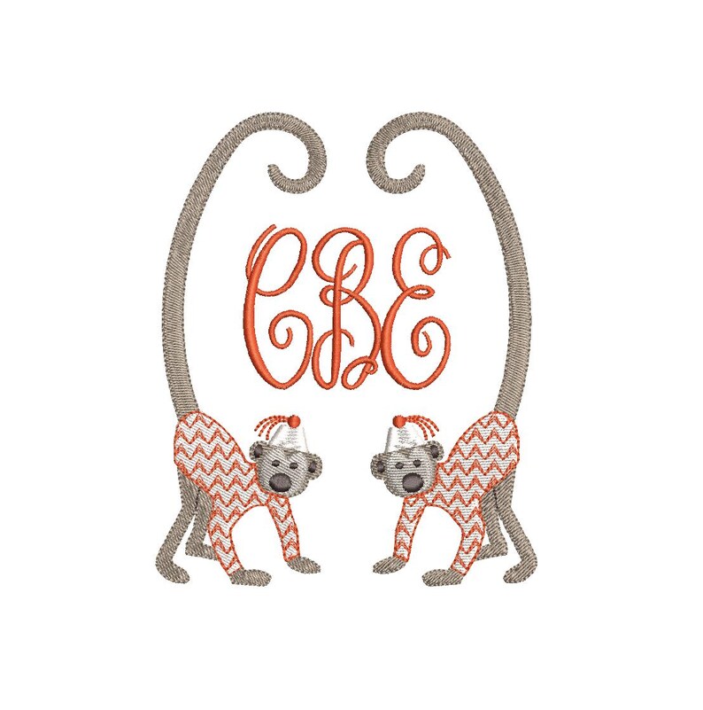 May include: An embroidered design featuring two monkeys with orange and white zigzag patterned bodies and gray faces. The monkeys are holding onto a curved, gray frame with the orange letters "CBE" in the center. The monkeys wear small hats.