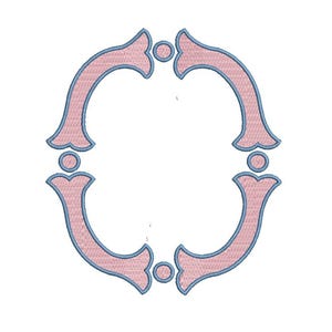 K&ouml;nnte beinhalten: Ein Stickmuster mit einem symmetrischen ovalen Rahmen, der aus vier geschwungenen rosa Segmenten mit hellblauen Umrandungen besteht. Kleine rosa Kreise mit hellblauen R&auml;ndern sind zwischen den Segmenten platziert, um die ovale Form zu bilden.