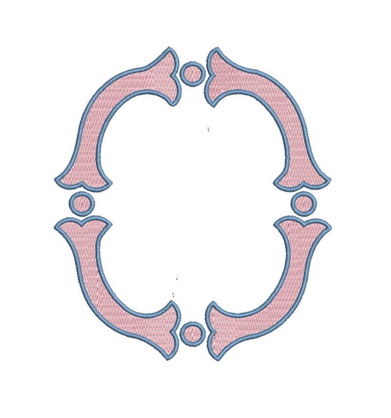 K&ouml;nnte beinhalten: Ein Stickmuster mit einem symmetrischen ovalen Rahmen, der aus vier geschwungenen rosa Segmenten mit hellblauen Umrandungen besteht. Kleine rosa Kreise mit hellblauen R&auml;ndern sind zwischen den Segmenten platziert, um die ovale Form zu bilden.
